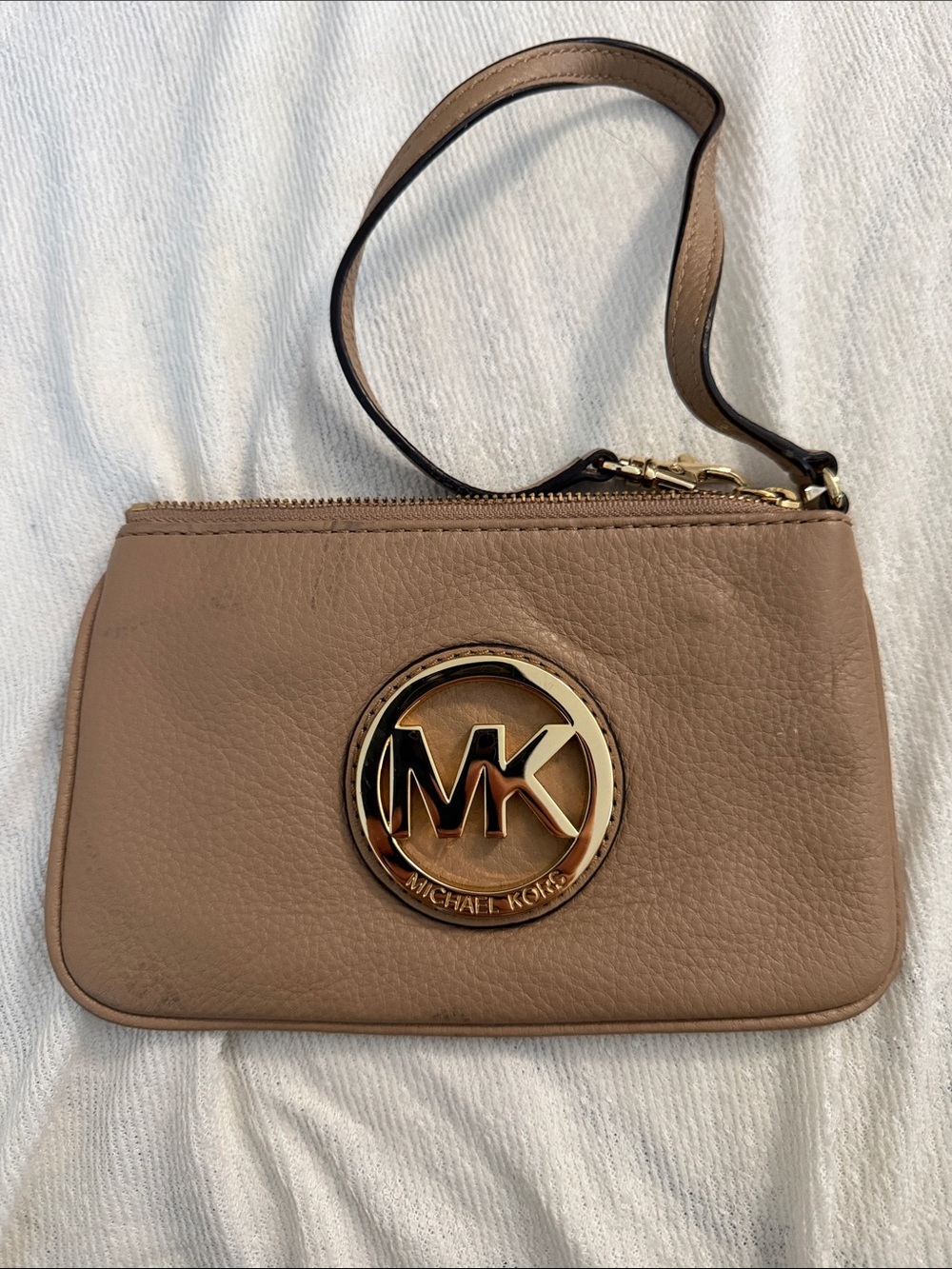 Michael Kors Taupe Leather Wristlet with Gold MK Emblem
